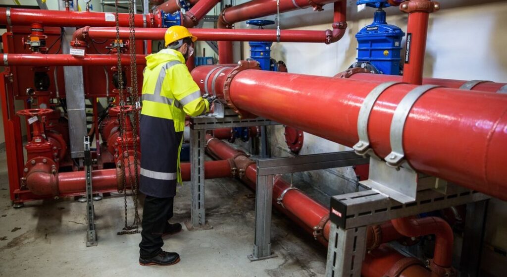 Tehničar u zaštitnoj opremi vrši inspekciju industrijskog cevovodnog sistema